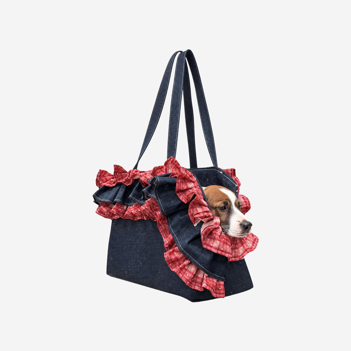 Ziokhans Rumi Denim Ruffle Pet Carrier with decorative trim