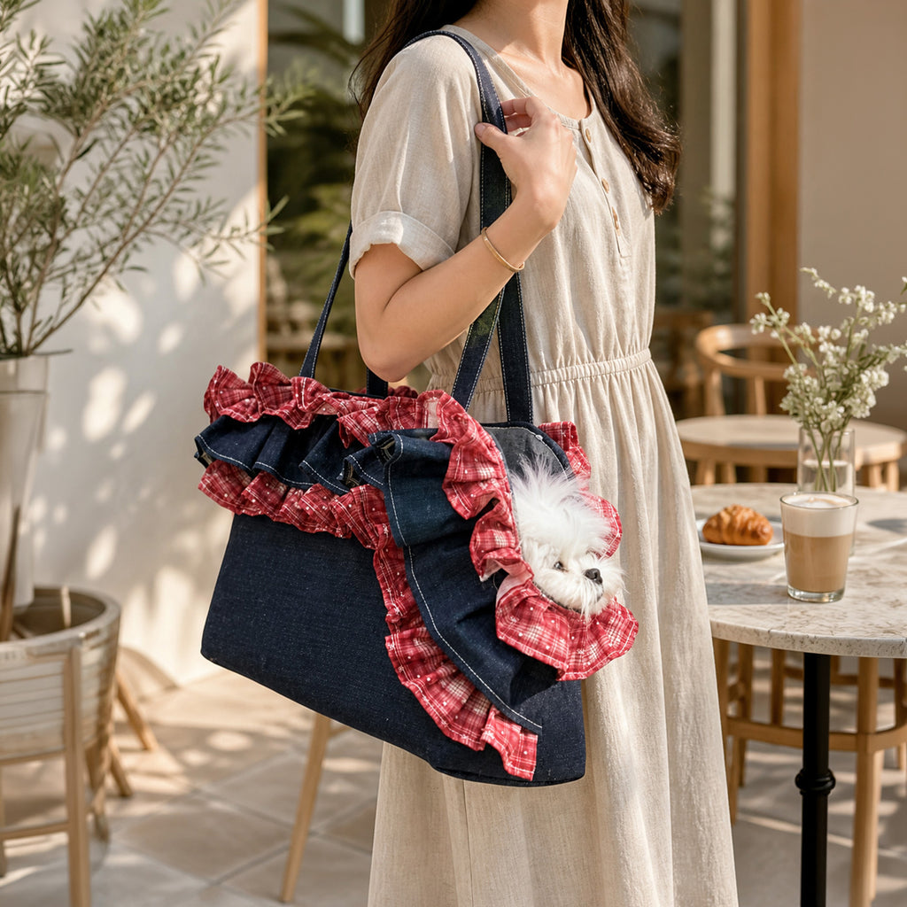 Rumi Denim Ruffle Pet Carrier