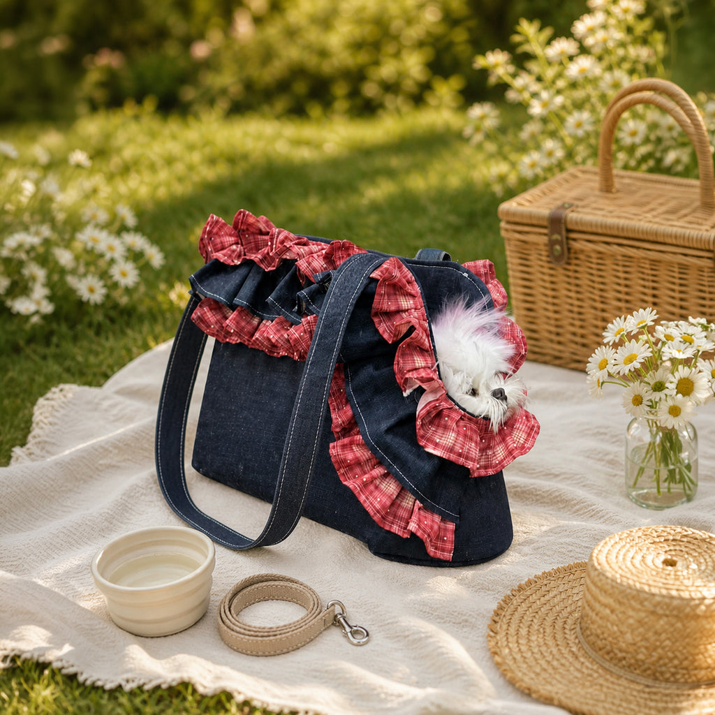 Rumi Denim Ruffle Pet Carrier