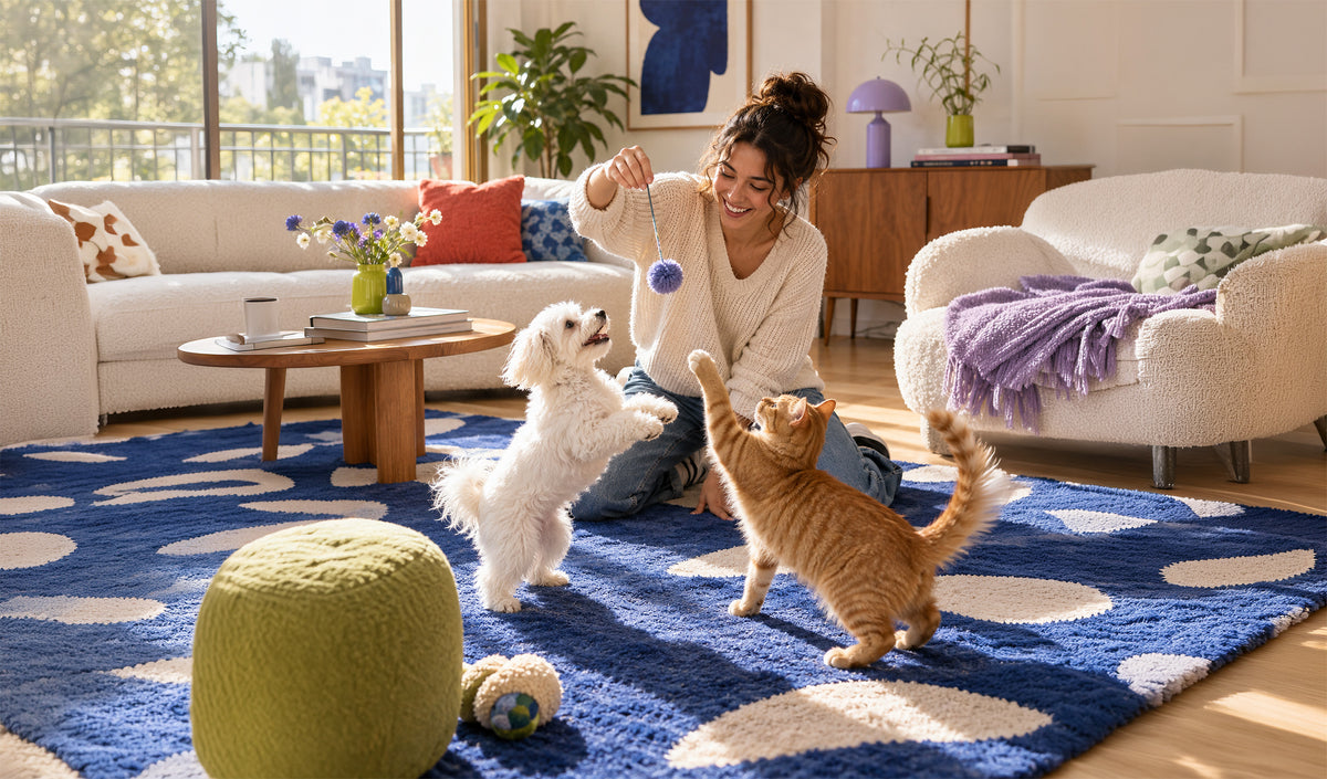 A pet parent beside a cat wearing the Rosie plaid scarf