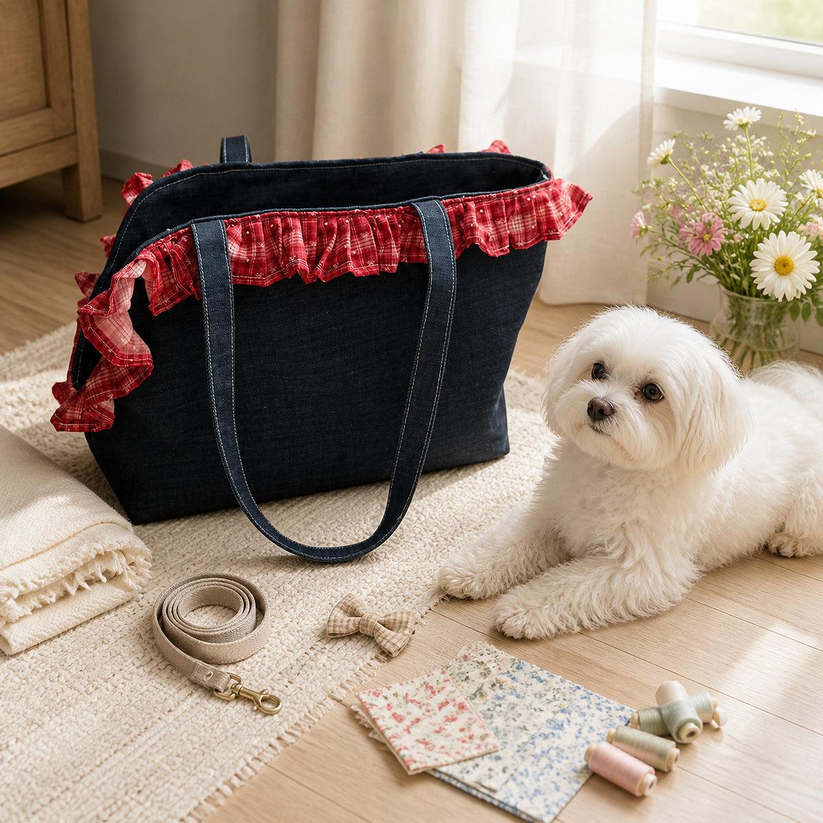Rumi Denim Ruffle Pet Carrier