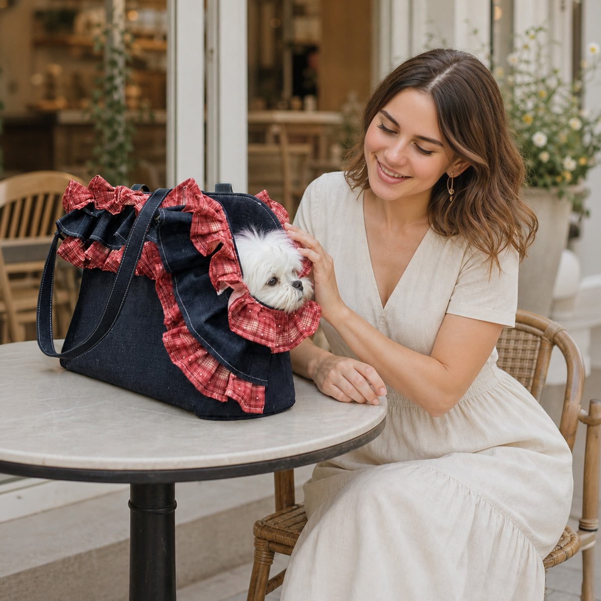 Rumi Denim Ruffle Pet Carrier