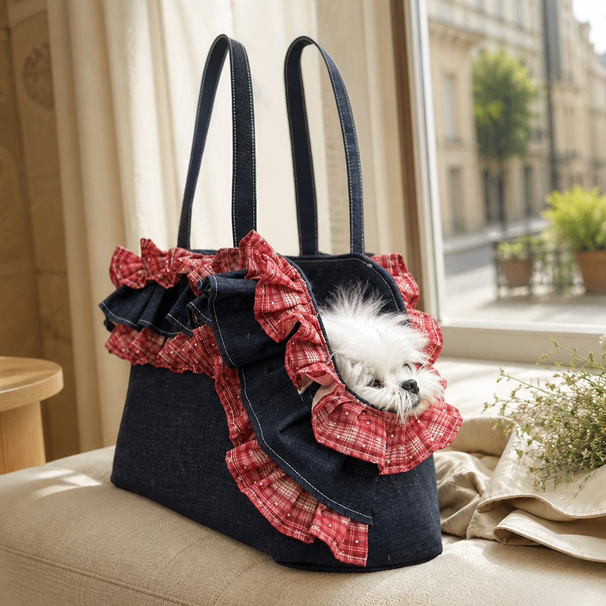 Rumi Denim Ruffle Pet Carrier